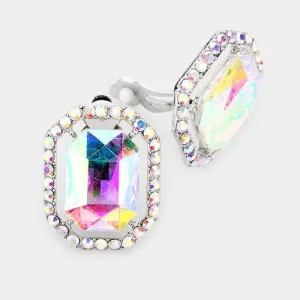 Abalone Octagon Stone Center Evening Silver Clip on Earrings