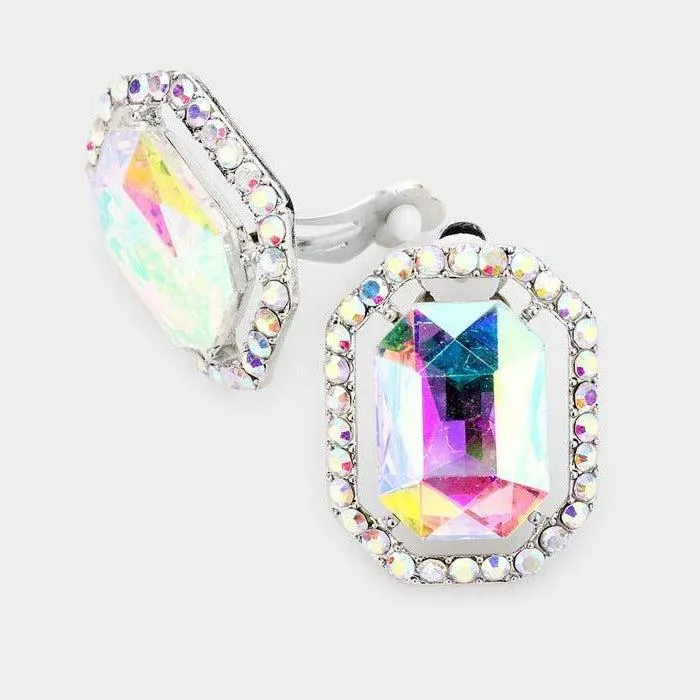 Abalone Octagon Stone Center Evening Silver Clip on Earrings