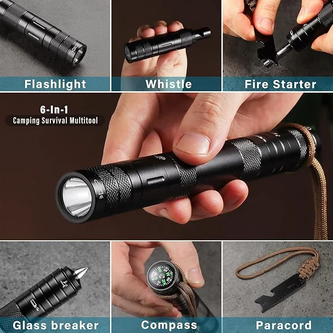 All in 1 Camping Survival Kits with LED Flashlight, Fire Starter, Whistle, Glass Breaker, Compass, Paracord, Tactical Survival Multitool, EDC, Stocking Stuffers and Gifts for Men Women