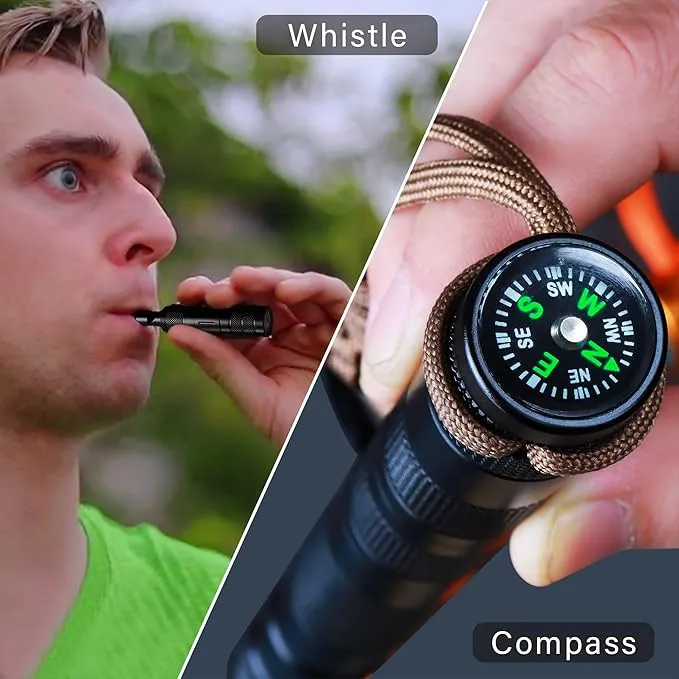 All in 1 Camping Survival Kits with LED Flashlight, Fire Starter, Whistle, Glass Breaker, Compass, Paracord, Tactical Survival Multitool, EDC, Stocking Stuffers and Gifts for Men Women