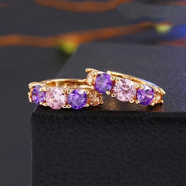 Amethyst Multistone Huggie Earrings with Austrian Crystals in 18K Gold - Hypoallergenic and Comfort Fit Jewelry Made in Italy