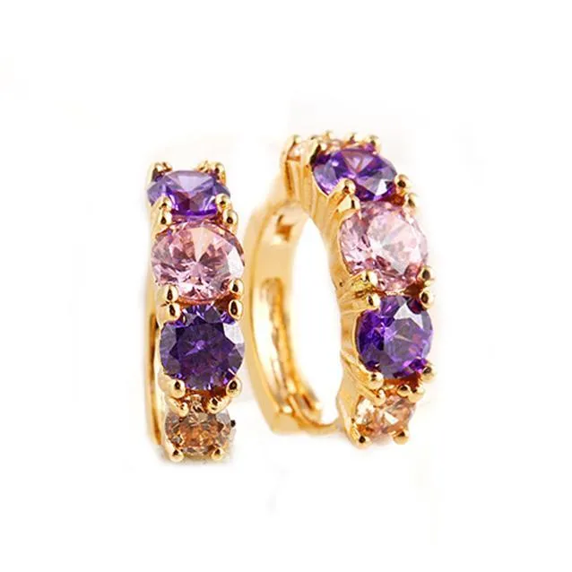 Amethyst Multistone Huggie Earrings with Austrian Crystals in 18K Gold - Hypoallergenic and Comfort Fit Jewelry Made in Italy