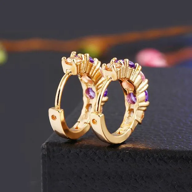 Amethyst Multistone Huggie Earrings with Austrian Crystals in 18K Gold - Hypoallergenic and Comfort Fit Jewelry Made in Italy