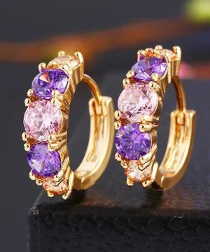 Amethyst Multistone Huggie Earrings with Austrian Crystals in 18K Gold - Hypoallergenic and Comfort Fit Jewelry Made in Italy