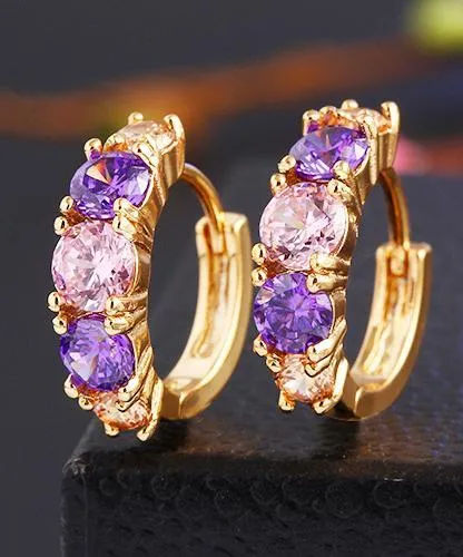 Amethyst Multistone Huggie Earrings with Austrian Crystals in 18K Gold - Hypoallergenic and Comfort Fit Jewelry Made in Italy