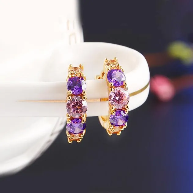 Amethyst Multistone Huggie Earrings with Austrian Crystals in 18K Gold - Hypoallergenic and Comfort Fit Jewelry Made in Italy