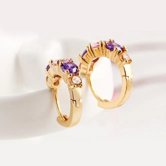 Amethyst Multistone Huggie Earrings with Austrian Crystals in 18K Gold - Hypoallergenic and Comfort Fit Jewelry Made in Italy