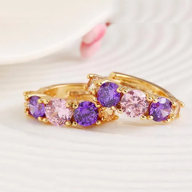 Amethyst Multistone Huggie Earrings with Austrian Crystals in 18K Gold - Hypoallergenic and Comfort Fit Jewelry Made in Italy
