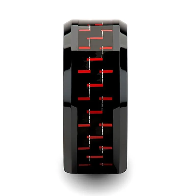 AMORY | Black Ceramic Ring, Black & Red Carbon Fiber Inlay, Beveled