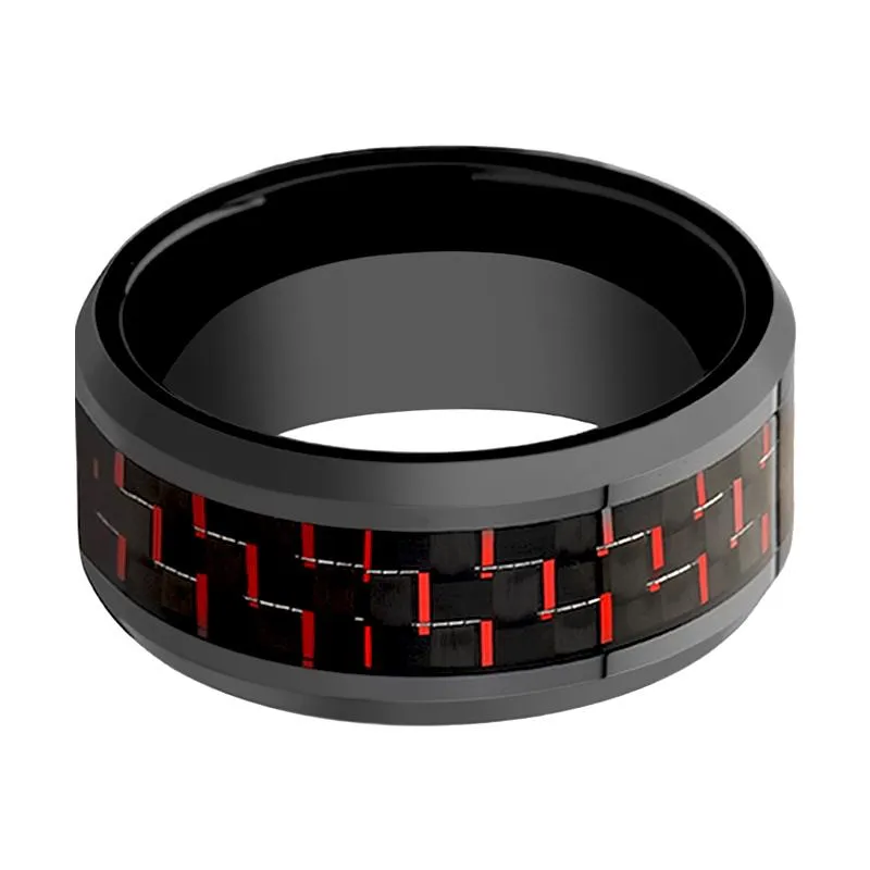 AMORY | Black Ceramic Ring, Black & Red Carbon Fiber Inlay, Beveled