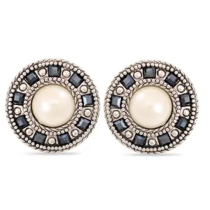 ANTIQUE LOOK SILVER-TONE CREAM PEARL AND JET CRYSTAL PLASTIC CLIP ON EARRING #FW-E121-S/HP (SHCB3)