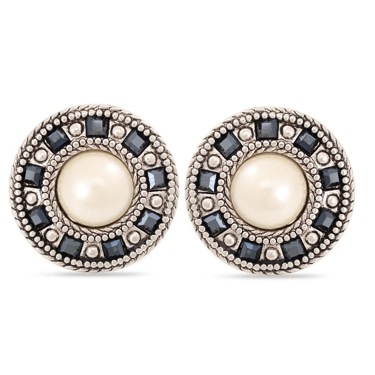 ANTIQUE LOOK SILVER-TONE CREAM PEARL AND JET CRYSTAL PLASTIC CLIP ON EARRING #FW-E121-S/HP (SHCB3)