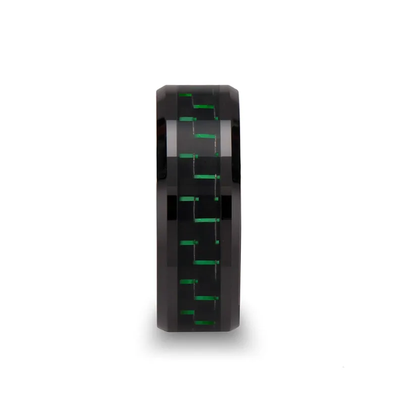 ATILUS Black Beveled Ceramic Ring with Black & Green Carbon Fiber - 8mm