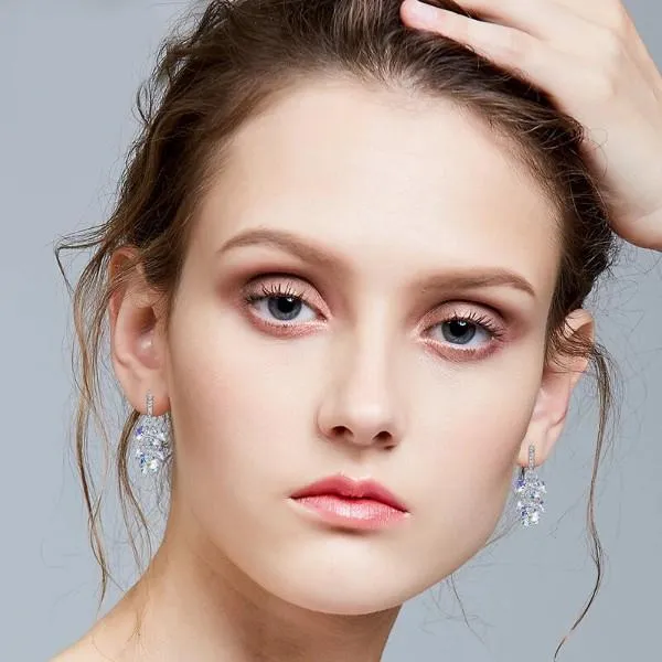Aurora Borealis Cluster Grapevine Earrings in 14K White Gold - Hypoallergenic & Comfort Fit