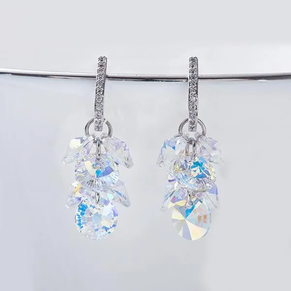 Aurora Borealis Cluster Grapevine Earrings in 14K White Gold - Hypoallergenic & Comfort Fit