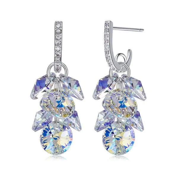 Aurora Borealis Cluster Grapevine Earrings in 14K White Gold - Hypoallergenic & Comfort Fit