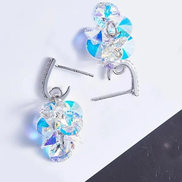 Aurora Borealis Cluster Grapevine Earrings in 14K White Gold - Hypoallergenic & Comfort Fit