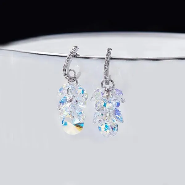 Aurora Borealis Cluster Grapevine Earrings in 14K White Gold - Hypoallergenic & Comfort Fit