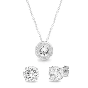Austrian Crystal Pave Halo Disc Necklace & Stud Earring Set - 18K White Gold Plated with Warranty Card and Gift Box