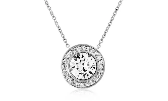 Austrian Crystal Pave Halo Disc Necklace & Stud Earring Set - 18K White Gold Plated with Warranty Card and Gift Box