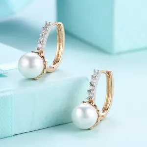 Austrian Crystal Pearl Huggie Earrings in 18K Gold Plating with Curved Pavé Design