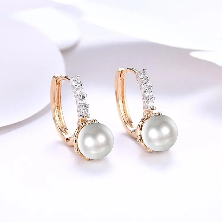 Austrian Crystal Pearl Huggie Earrings in 18K Gold Plating with Curved Pavé Design