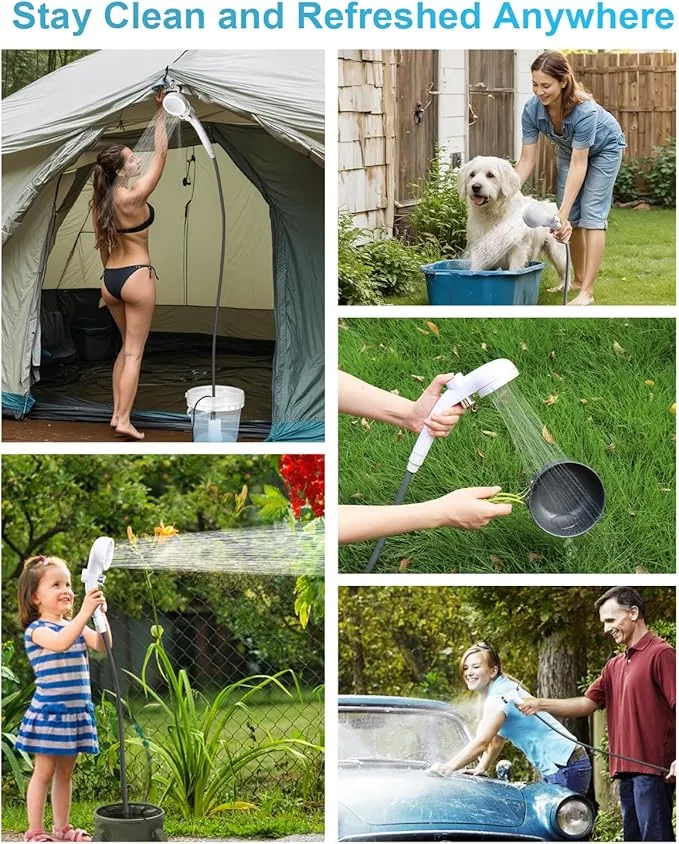 AUTOPkio Portable Shower for Camping, 2-in-1 Camp Shower Pump with Rechargeable Battery, Portable Outdoor Shower for Beach Hiking Outdoor, Pet Cleaning