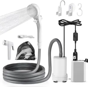 AUTOPkio Portable Shower for Camping, 2-in-1 Camp Shower Pump with Rechargeable Battery, Portable Outdoor Shower for Beach Hiking Outdoor, Pet Cleaning