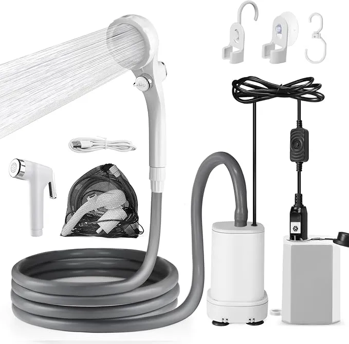 AUTOPkio Portable Shower for Camping, 2-in-1 Camp Shower Pump with Rechargeable Battery, Portable Outdoor Shower for Beach Hiking Outdoor, Pet Cleaning