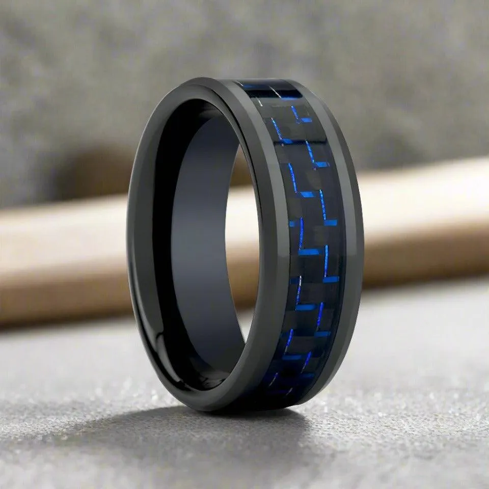 AVITUS | Black Ceramic Ring, Blue & Black Carbon Fiber Inlay, Beveled