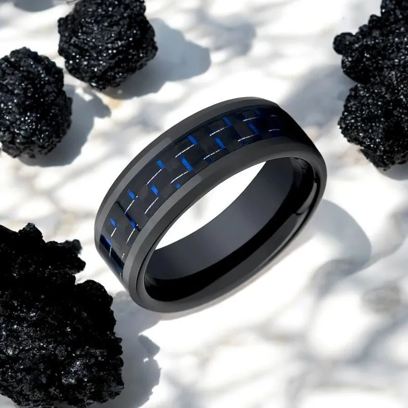 AVITUS | Black Ceramic Ring, Blue & Black Carbon Fiber Inlay, Beveled