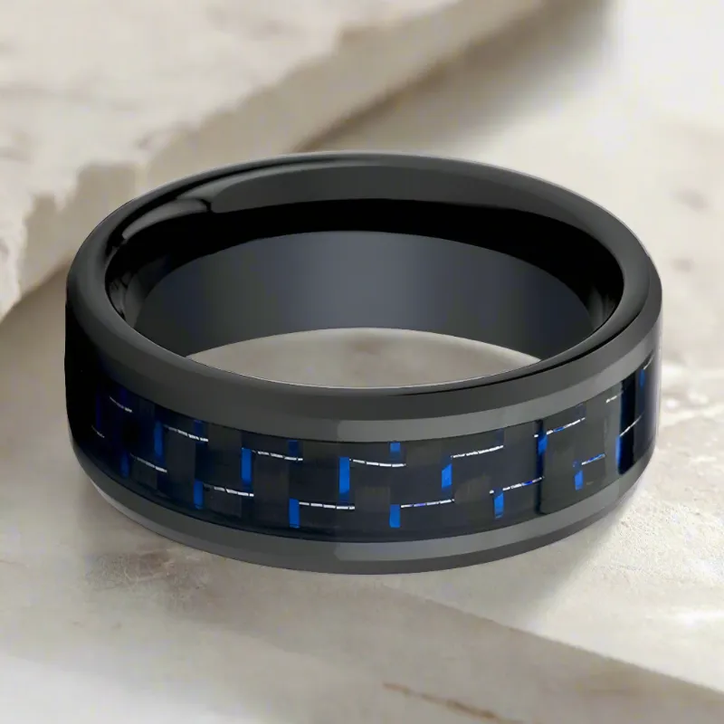 AVITUS | Black Ceramic Ring, Blue & Black Carbon Fiber Inlay, Beveled