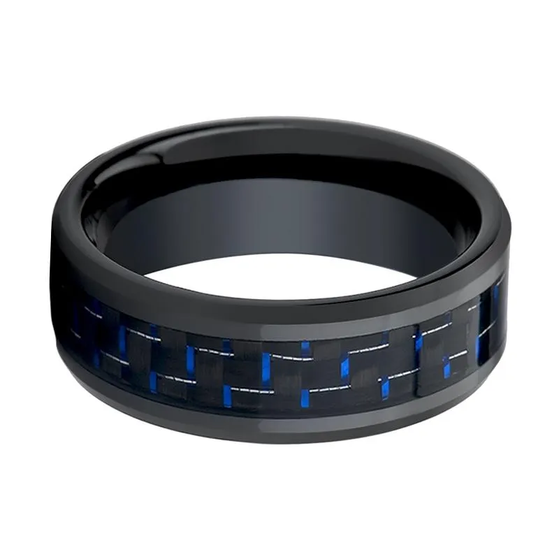 AVITUS | Black Ceramic Ring, Blue & Black Carbon Fiber Inlay, Beveled