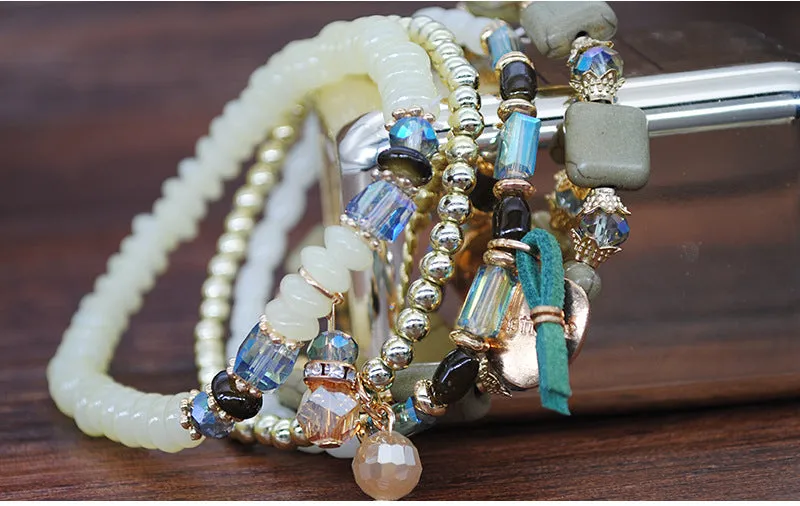 Beach Wind Multi-layer Bracelet Crystal Elastic Rope Square Turquoise Beaded Jewelry
