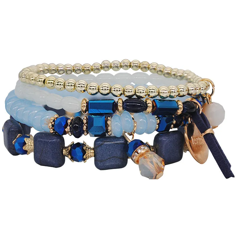 Beach Wind Multi-layer Bracelet Crystal Elastic Rope Square Turquoise Beaded Jewelry