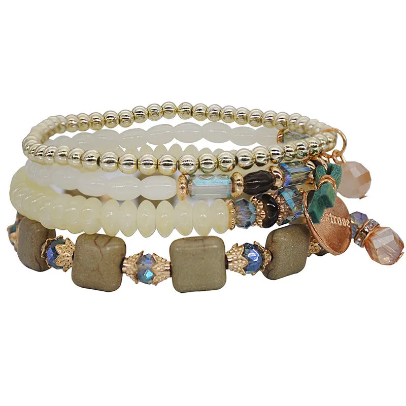 Beach Wind Multi-layer Bracelet Crystal Elastic Rope Square Turquoise Beaded Jewelry