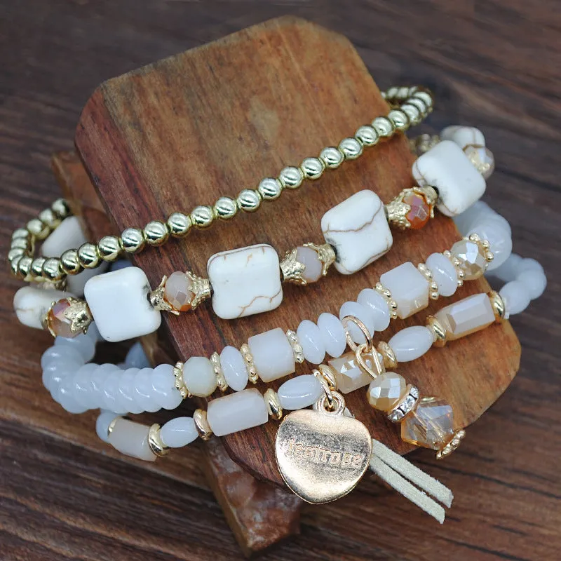 Beach Wind Multi-layer Bracelet Crystal Elastic Rope Square Turquoise Beaded Jewelry