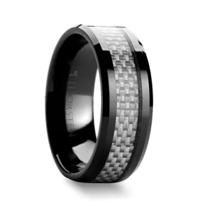 BECHAM Men's Beveled Black Ceramic Ring with White Carbon Fiber Inlay - 8mm