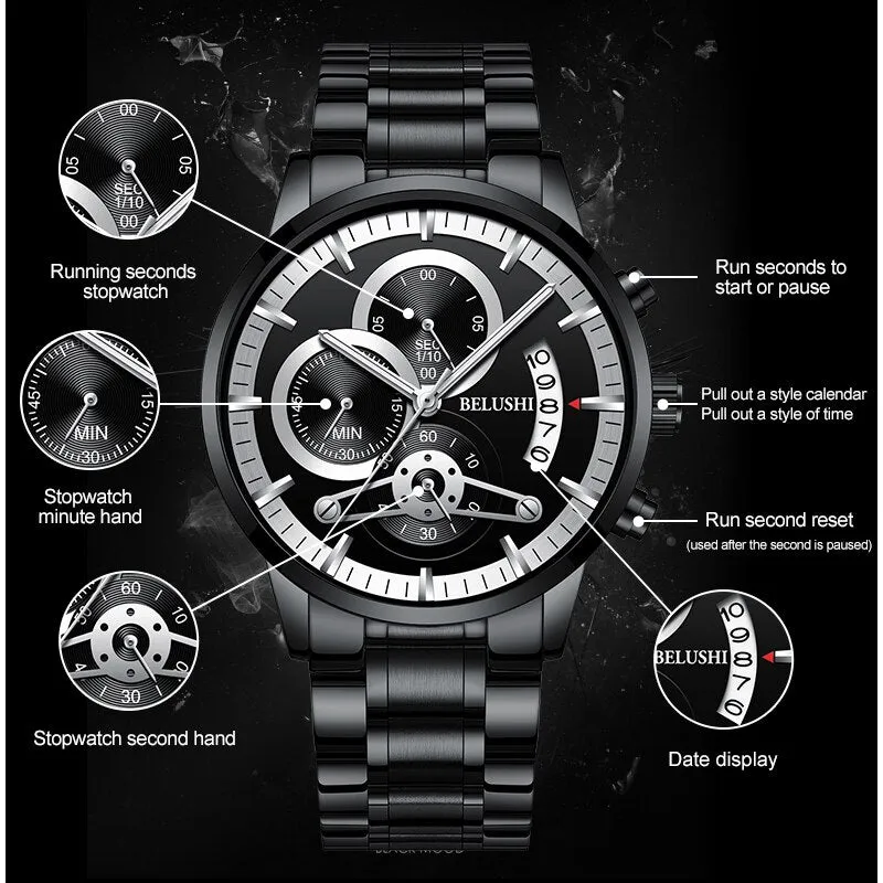 BELUSHI Watches Mens Waterproof Chronograph Stainless Steel Quartz Watch Men Luxury Brand Sports Wristwatch Relogio Masculino