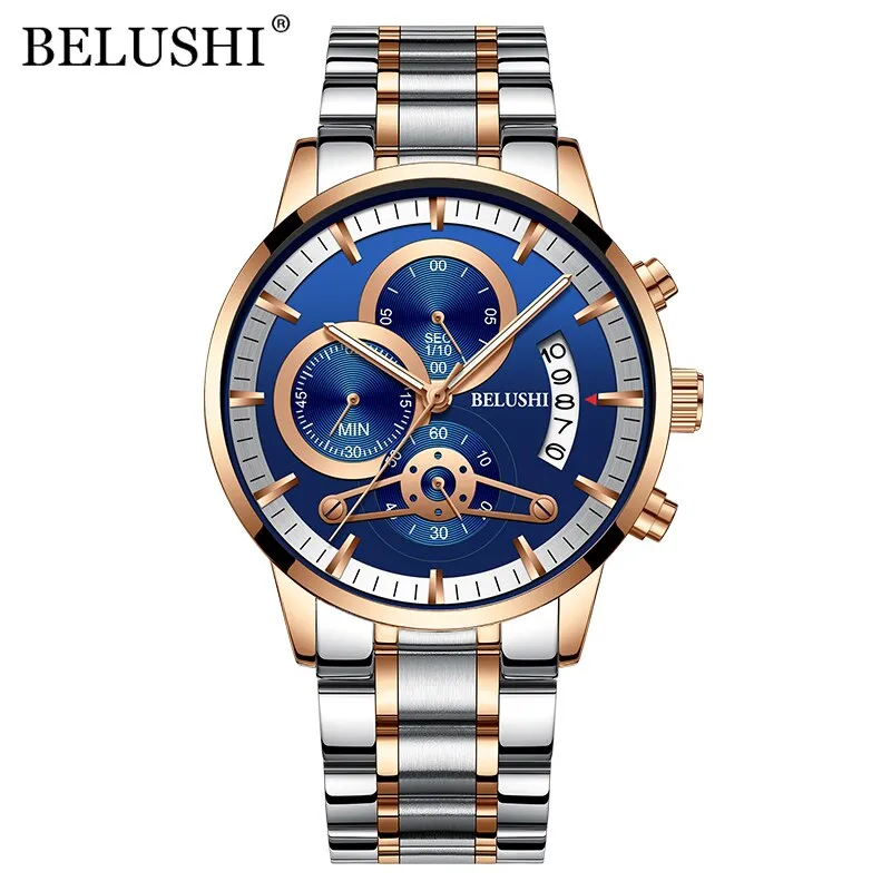 BELUSHI Watches Mens Waterproof Chronograph Stainless Steel Quartz Watch Men Luxury Brand Sports Wristwatch Relogio Masculino