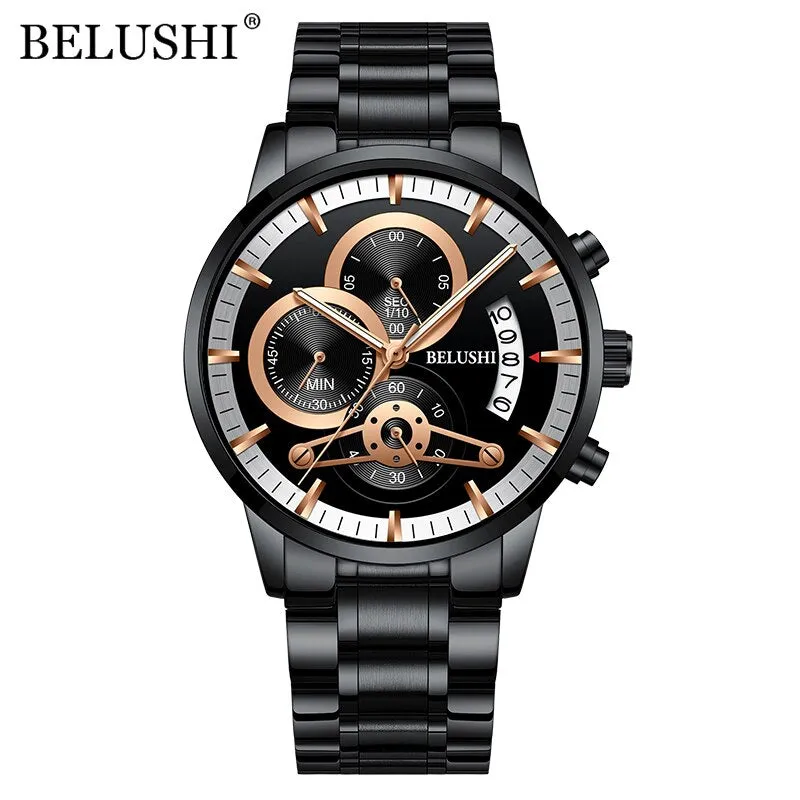 BELUSHI Watches Mens Waterproof Chronograph Stainless Steel Quartz Watch Men Luxury Brand Sports Wristwatch Relogio Masculino