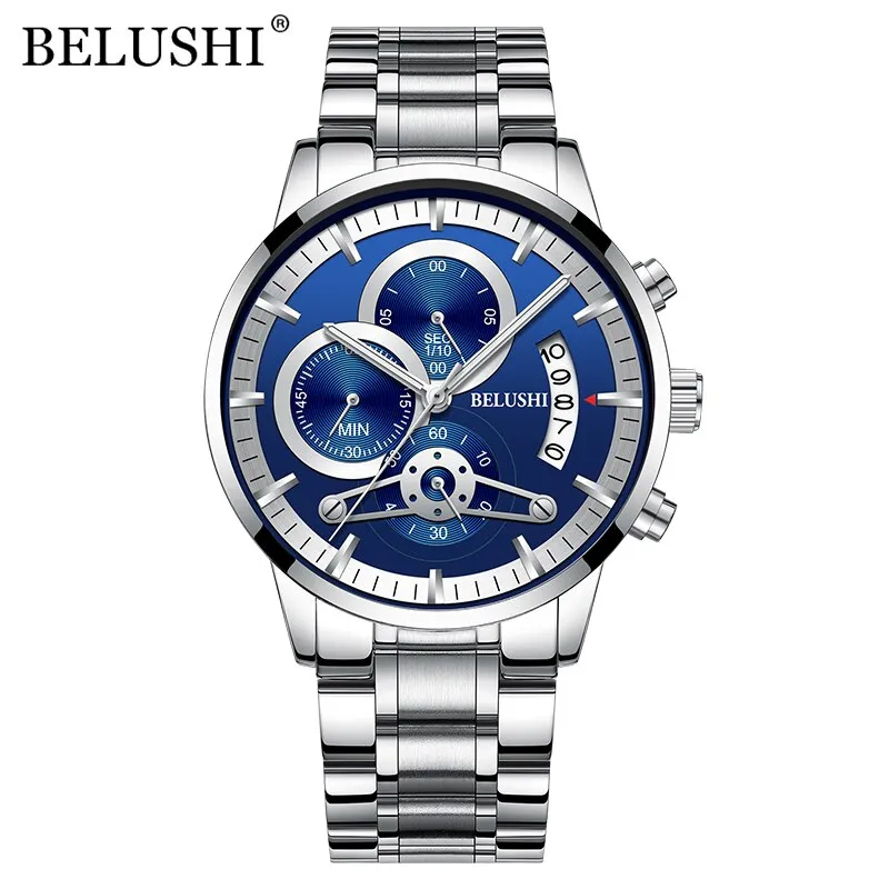 BELUSHI Watches Mens Waterproof Chronograph Stainless Steel Quartz Watch Men Luxury Brand Sports Wristwatch Relogio Masculino