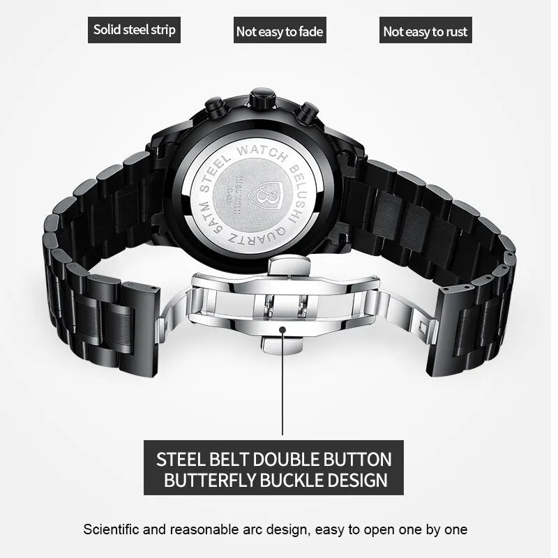 BELUSHI Watches Mens Waterproof Chronograph Stainless Steel Quartz Watch Men Luxury Brand Sports Wristwatch Relogio Masculino