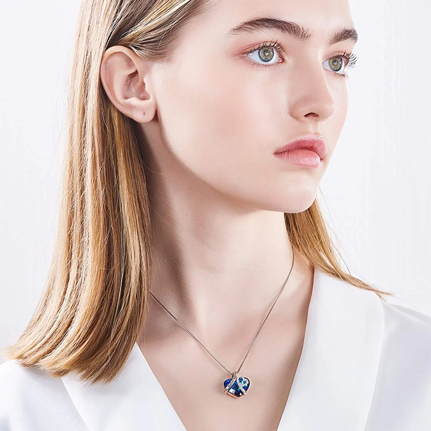 Bermuda Blue Crystal Heart Necklace - 18K White Gold, Comfort Fit, Hypoallergenic Jewelry