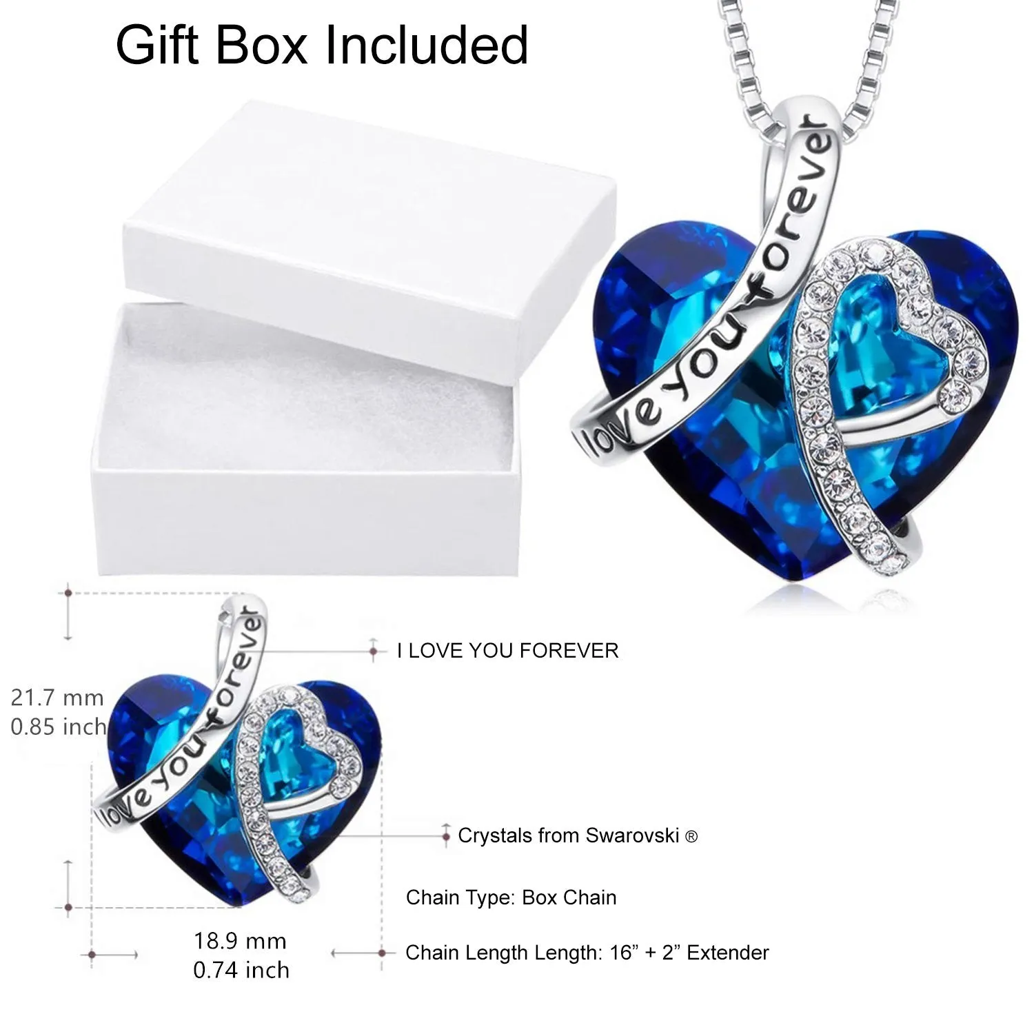 Bermuda Blue Crystal Heart Necklace - 18K White Gold, Comfort Fit, Hypoallergenic Jewelry