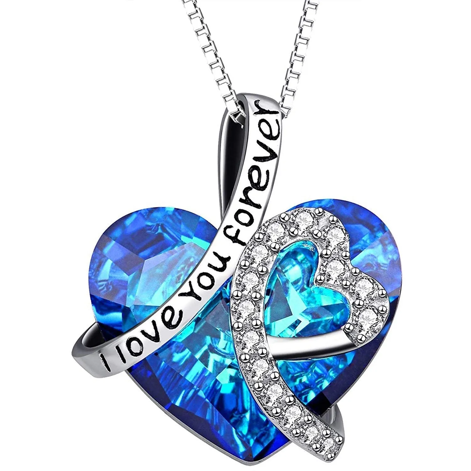 Bermuda Blue Crystal Heart Necklace - 18K White Gold, Comfort Fit, Hypoallergenic Jewelry