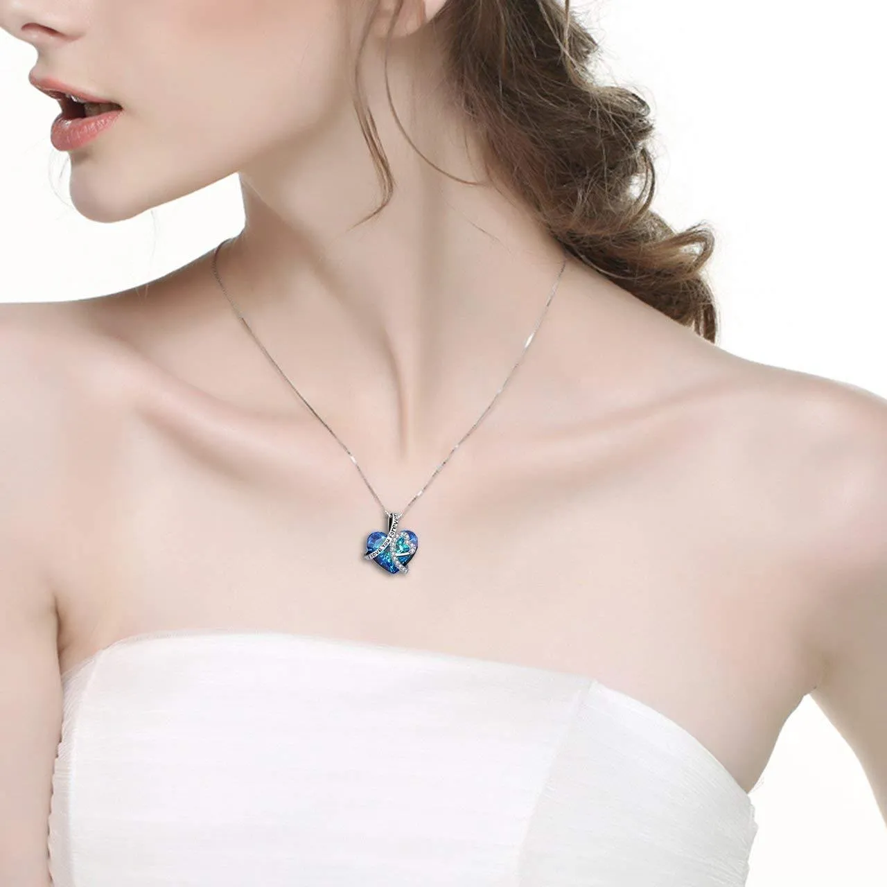 Bermuda Blue Crystal Heart Necklace - 18K White Gold, Comfort Fit, Hypoallergenic Jewelry