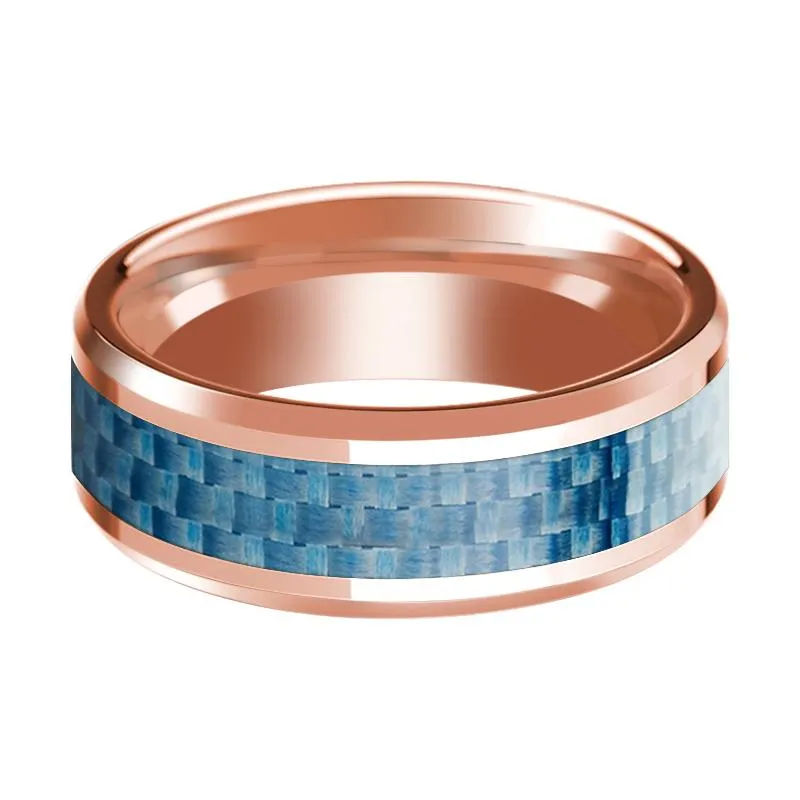 Beveled 14k Rose Gold Wedding Band with Blue Carbon Fiber Inlay & Beveled Edges Polished Finish - 8MM