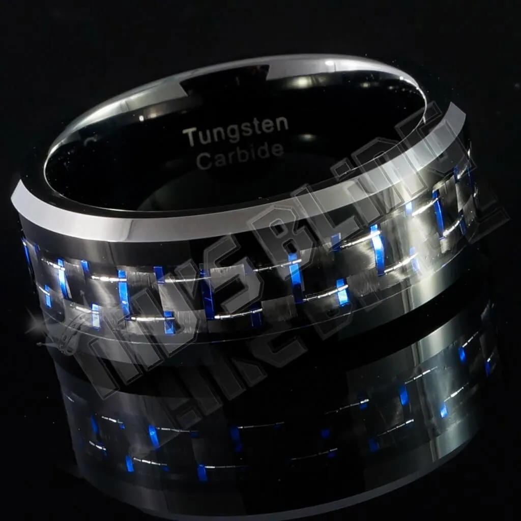 Black and Blue Carbon Fiber Tungsten Carbide Ring 8MM
