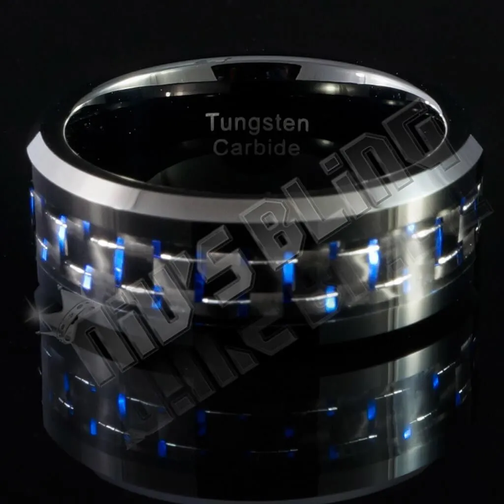 Black and Blue Carbon Fiber Tungsten Carbide Ring 8MM